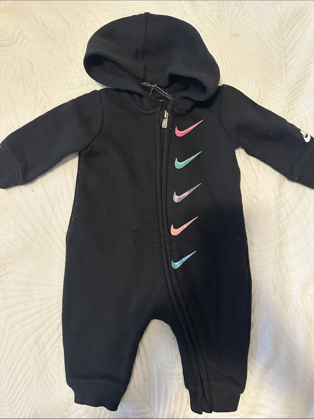 Nike Black Fleece Hooded Baby One-Piece with Multicolor Swooshes